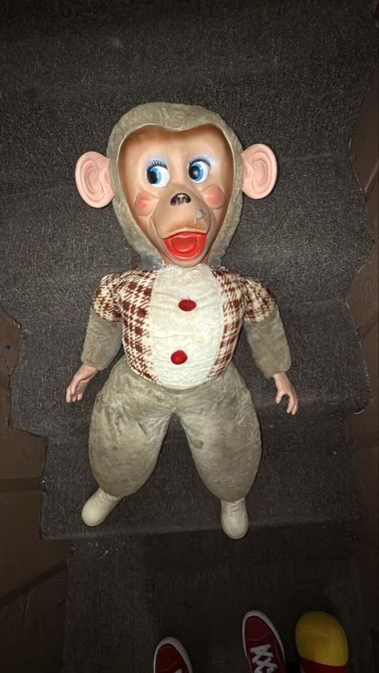 Creepy Vintage Rubber Face Monkey Doll Stuffed Animal Clown Outfit